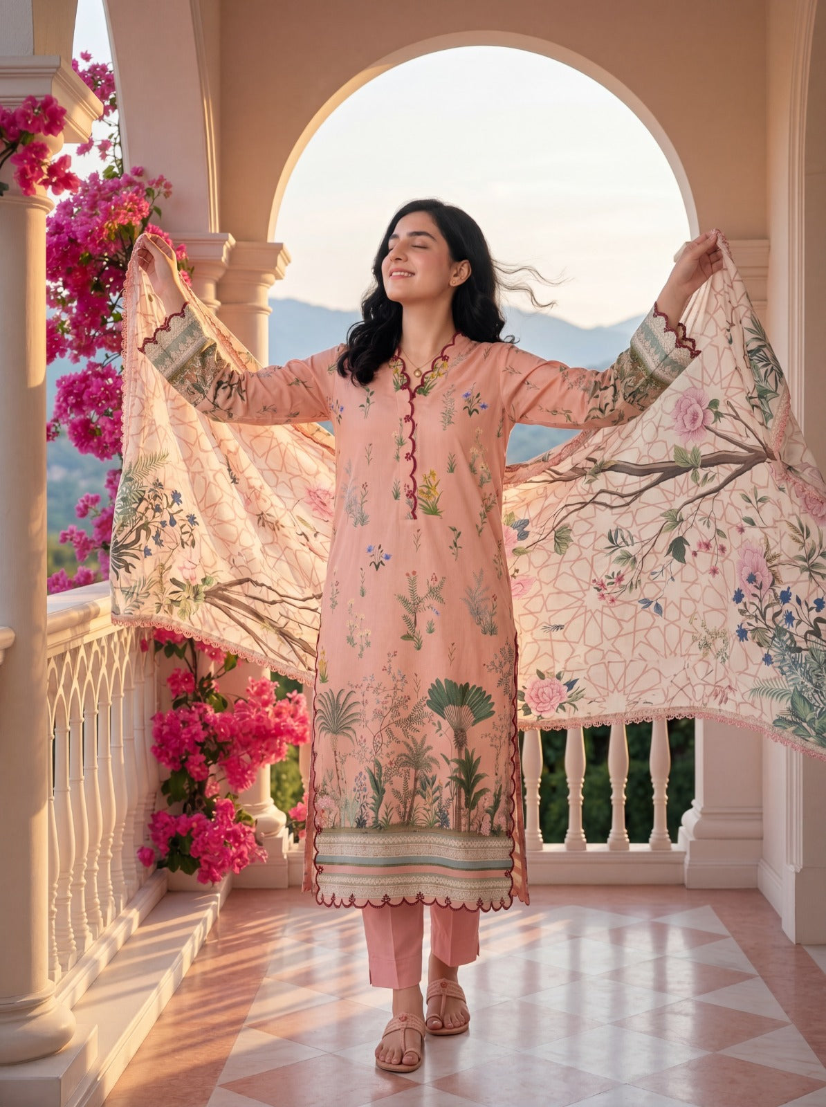 Flor Soft Peach 3PC Printed Cambric Lawn Suit – VLZ – 0069