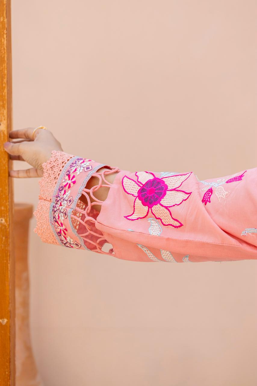 Rosé Aura Peach Pink 3PC Embroidered Lawn Suit – VLZ – 0083