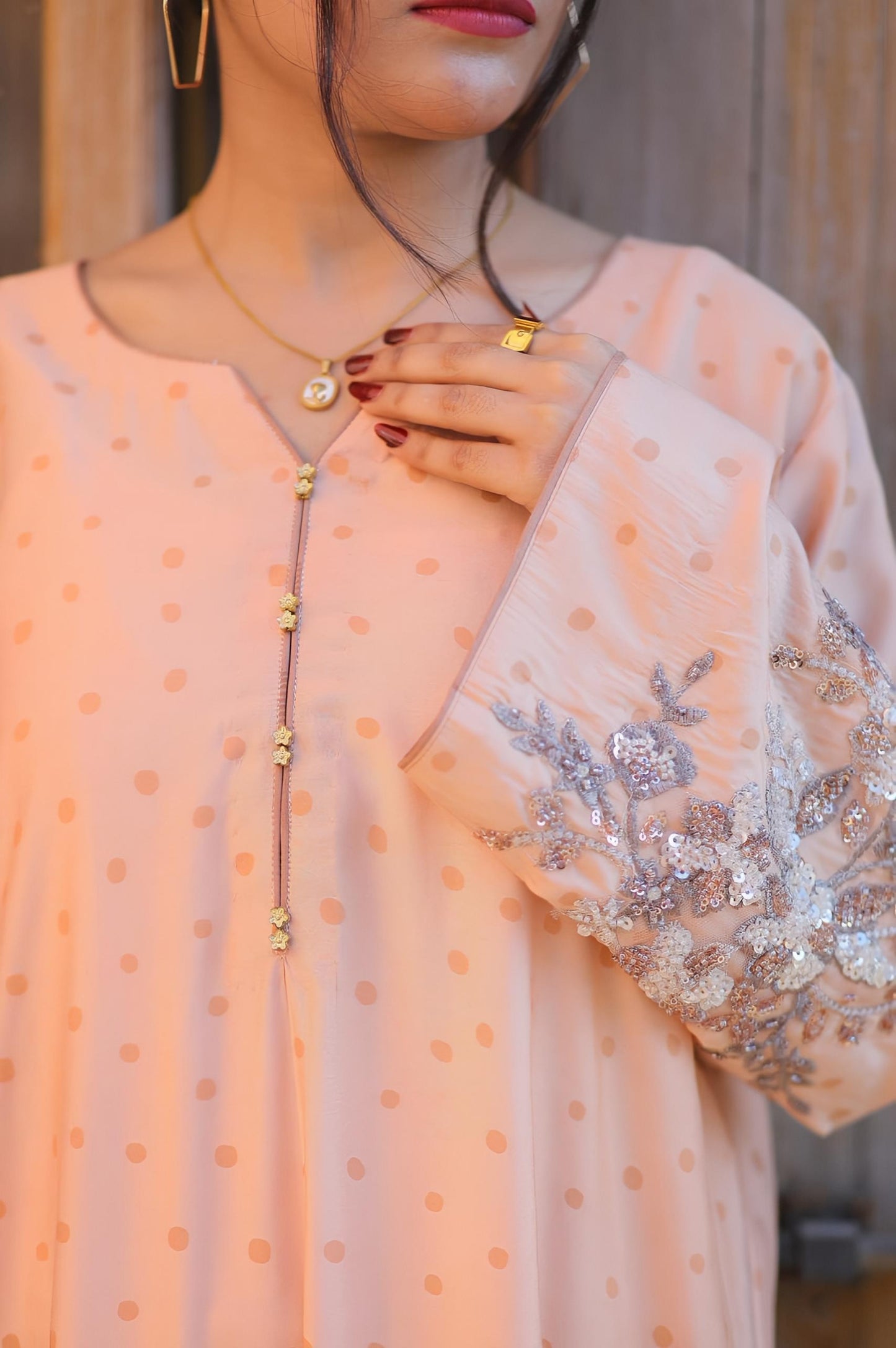 Aurora Peach Aura 2PC Embroidered Cotton Silk Suit – VLZ – 0100