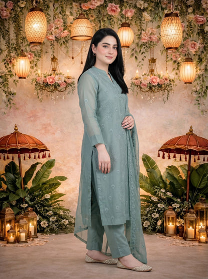 Dulce Mint Blue 3PC Cotton Net Suit – VLZ – 0099