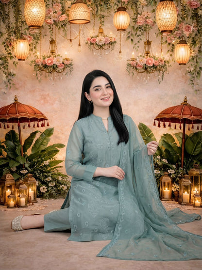 Dulce Mint Blue 3PC Cotton Net Suit – VLZ – 0099
