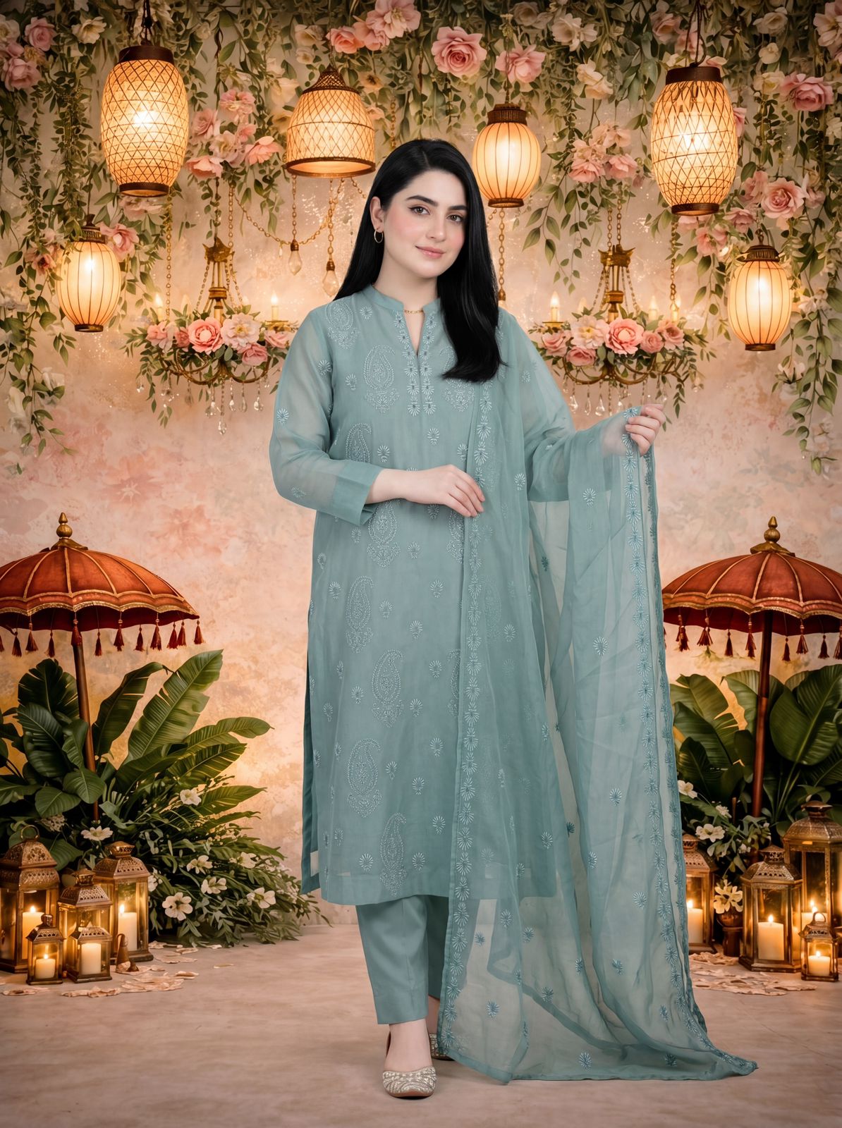 Dulce Mint Blue 3PC Cotton Net Suit – VLZ – 0099