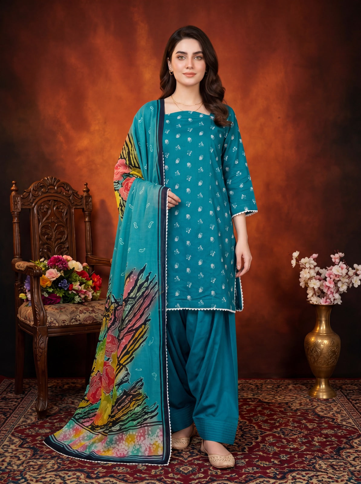 Celeste Teal Blue 3PC Embroidered Lawn Suit – VLZ – 0073