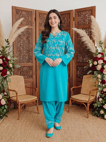 Luna Aqua Blue 2PC Embroidered Lawn Pret – VLZ – 0012