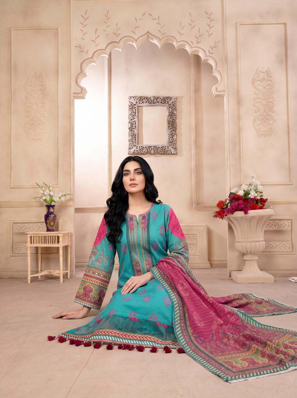 Brisa Turquoise Blue 3PC Printed Lawn Suit – VLZ – 0047