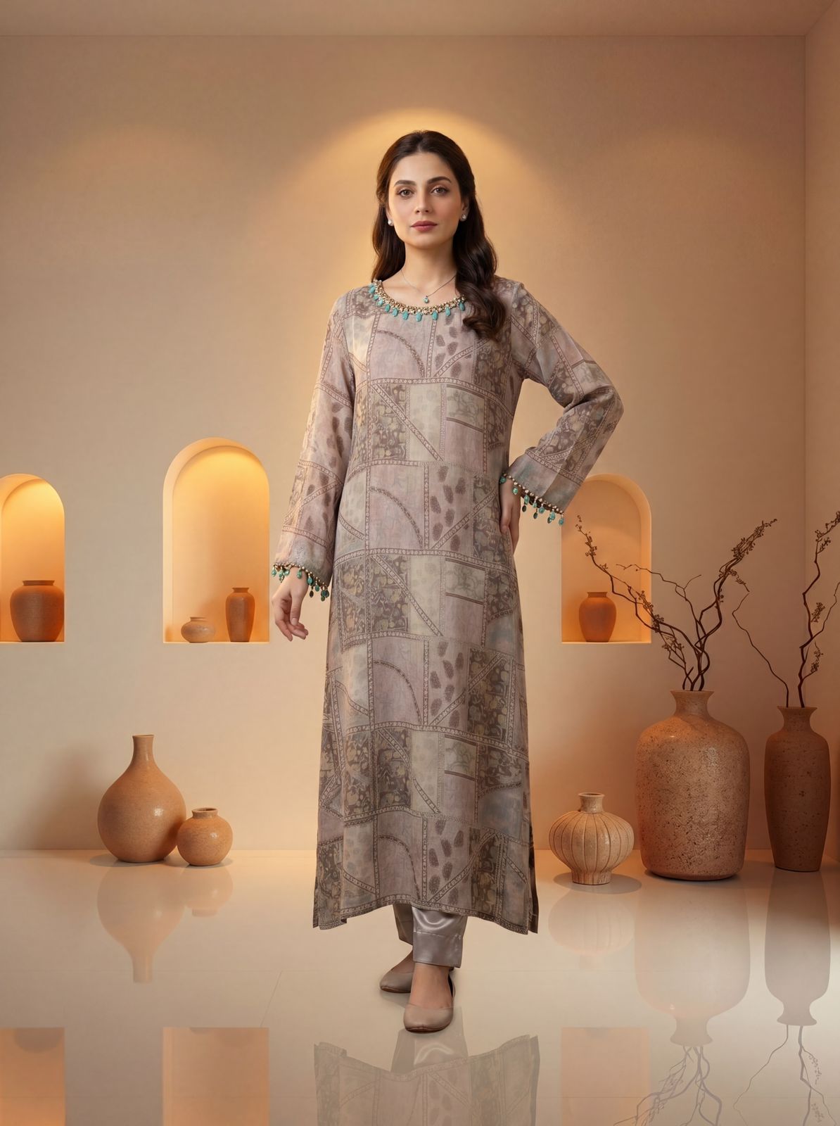 Gris Taupe 2PC Charmeuse Silk Pret – VLZ – 0074