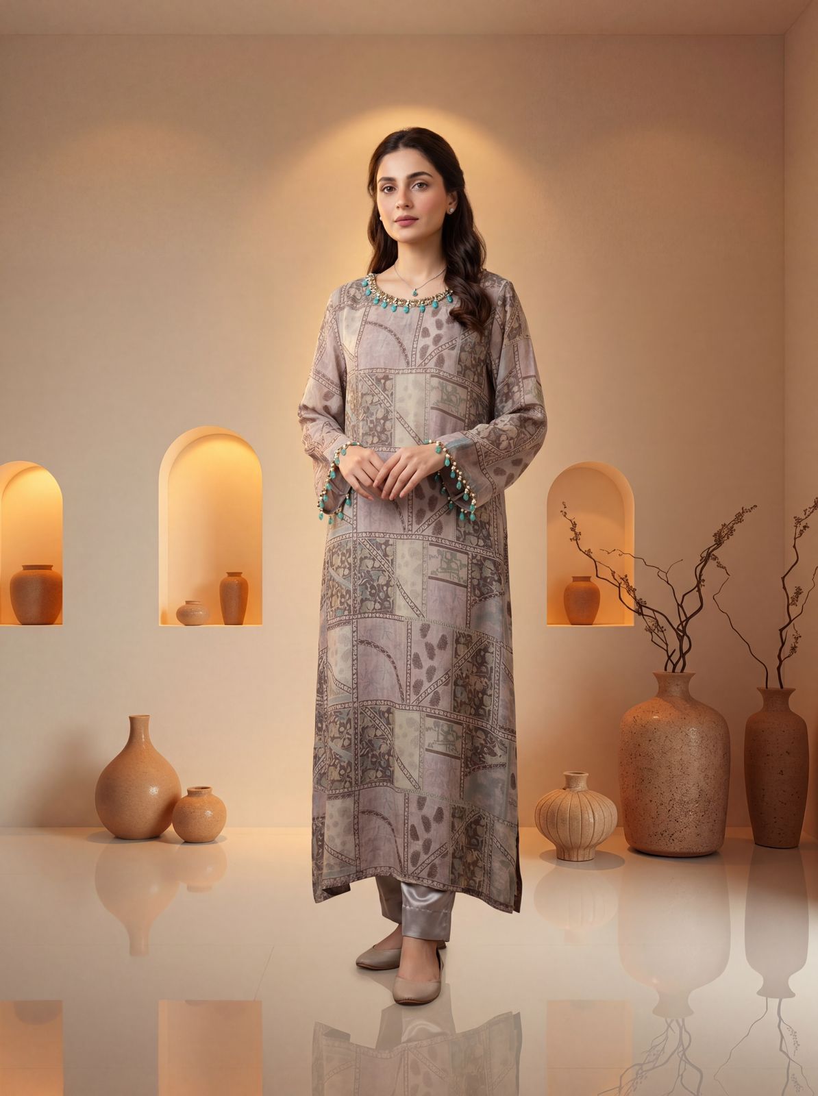 Gris Taupe 2PC Charmeuse Silk Pret – VLZ – 0074