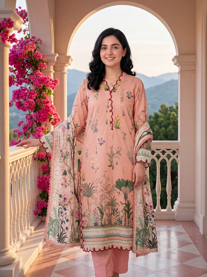 Flor Soft Peach 3PC Printed Cambric Lawn Suit – VLZ – 0069