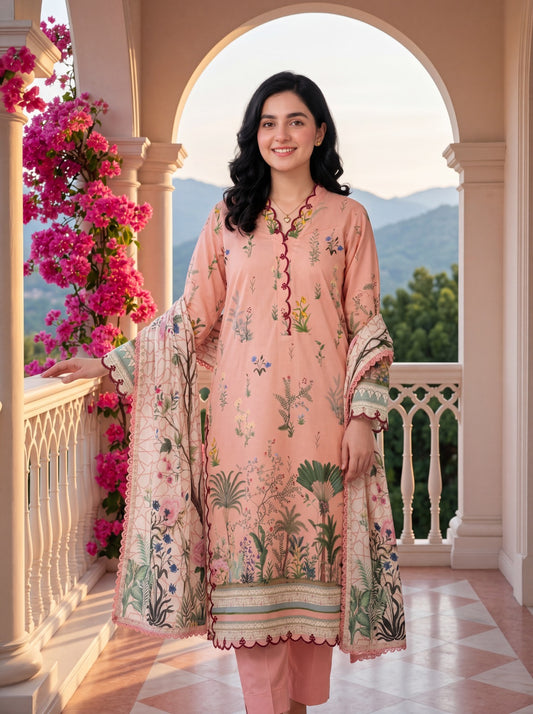 Flor Soft Peach 3PC Printed Cambric Lawn Suit – VLZ – 0069