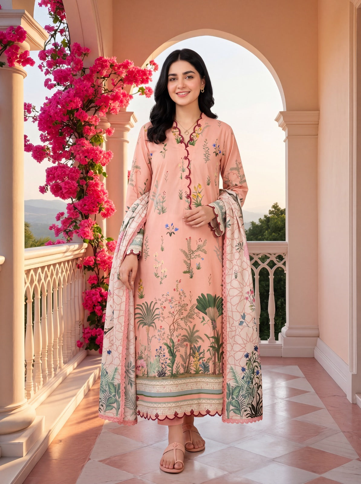 Flor Soft Peach 3PC Printed Cambric Lawn Suit – VLZ – 0069