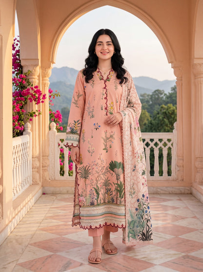 Flor Soft Peach 3PC Printed Cambric Lawn Suit – VLZ – 0069