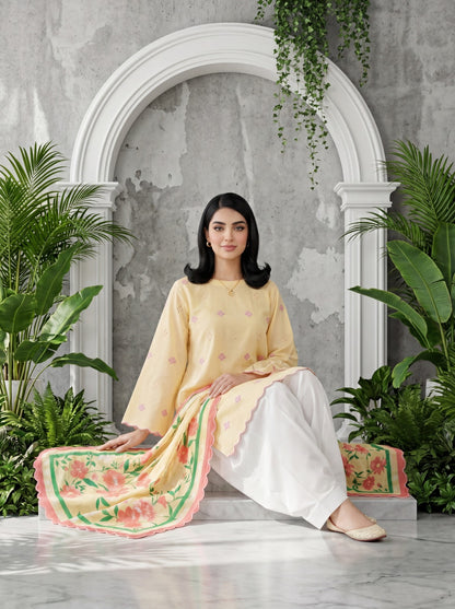 Sol Pastel Yellow 3PC Chikankari Lawn Suit – VLZ – 0080
