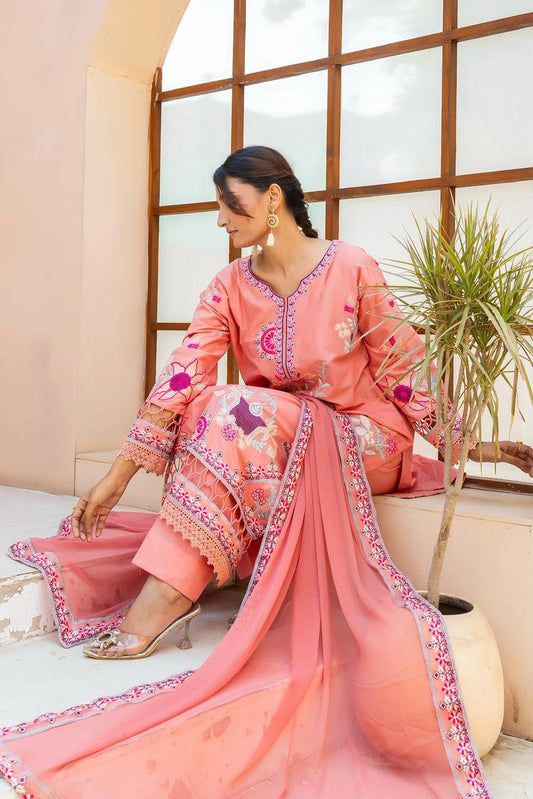 Rosé Aura Peach Pink 3PC Embroidered Lawn Suit – VLZ – 0083