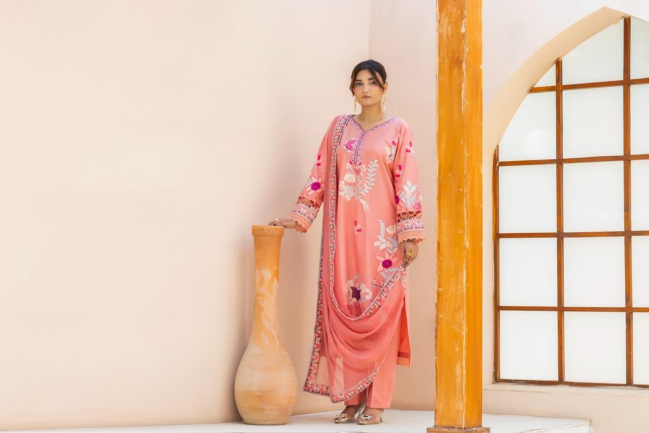 Rosé Aura Peach Pink 3PC Embroidered Lawn Suit – VLZ – 0083