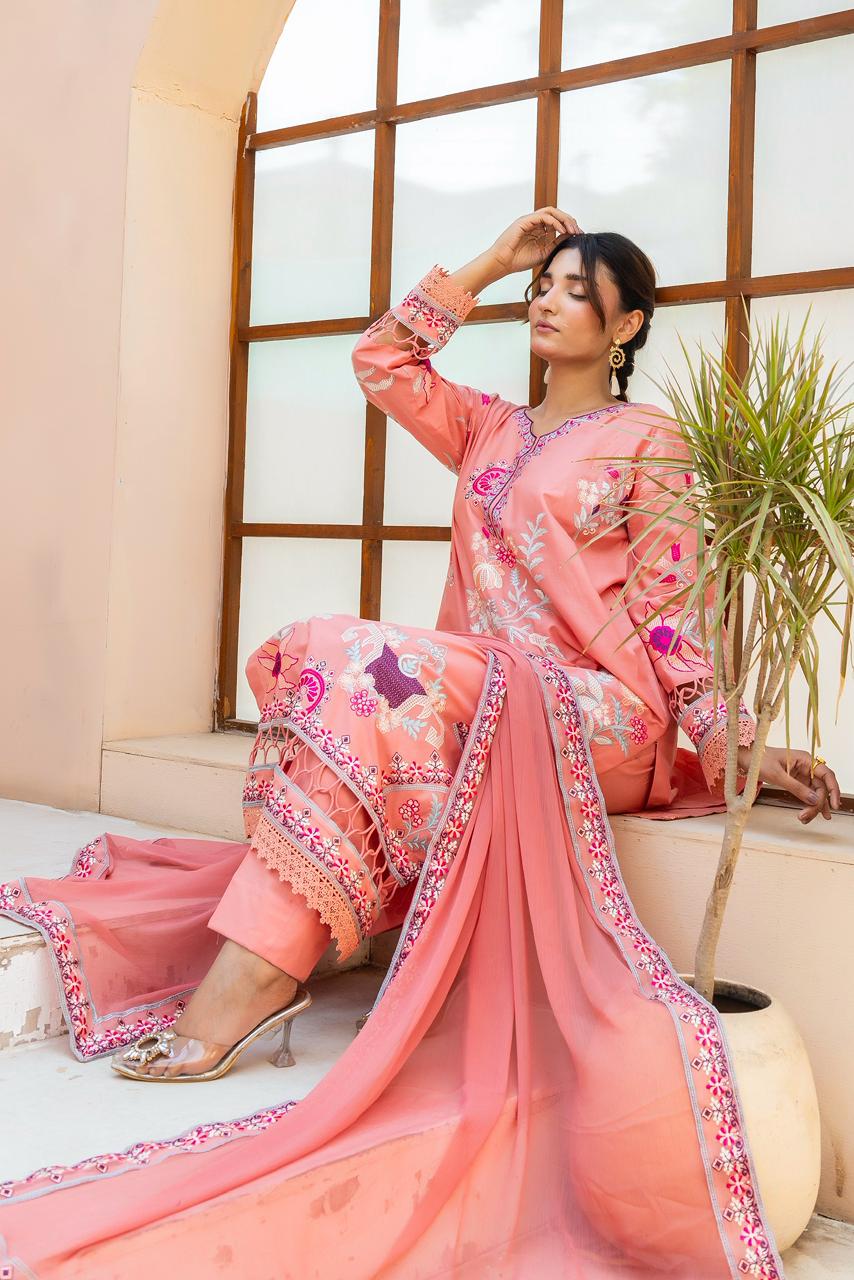 Rosé Aura Peach Pink 3PC Embroidered Lawn Suit – VLZ – 0083
