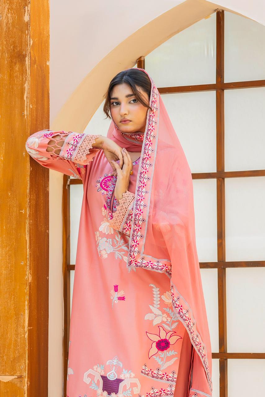 Rosé Aura Peach Pink 3PC Embroidered Lawn Suit – VLZ – 0083