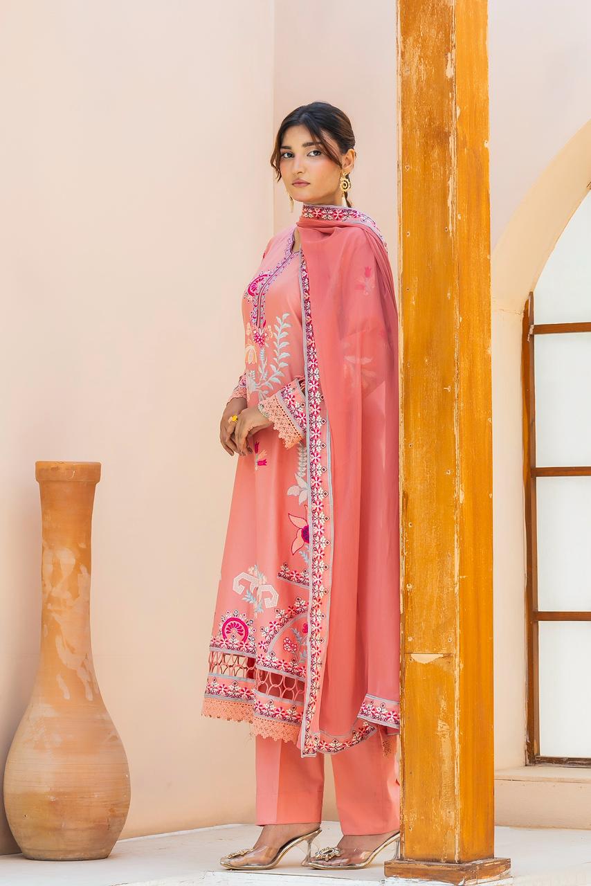 Rosé Aura Peach Pink 3PC Embroidered Lawn Suit – VLZ – 0083
