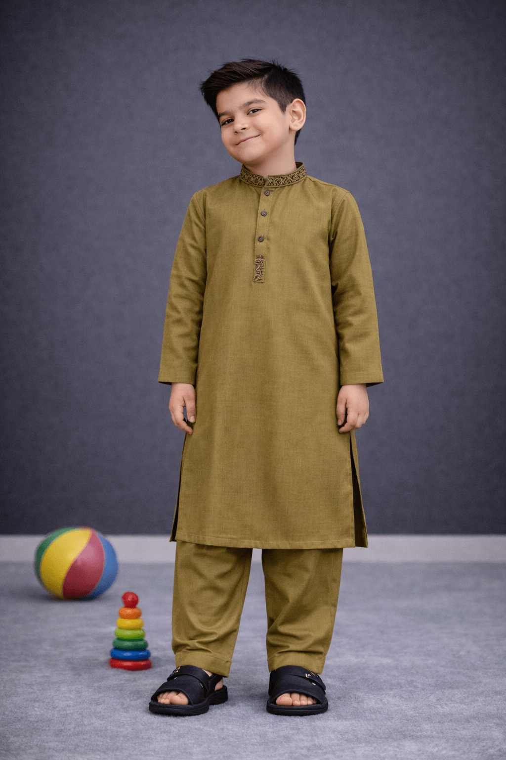 Boys Olive Green Embroidered Kurta Shalwar