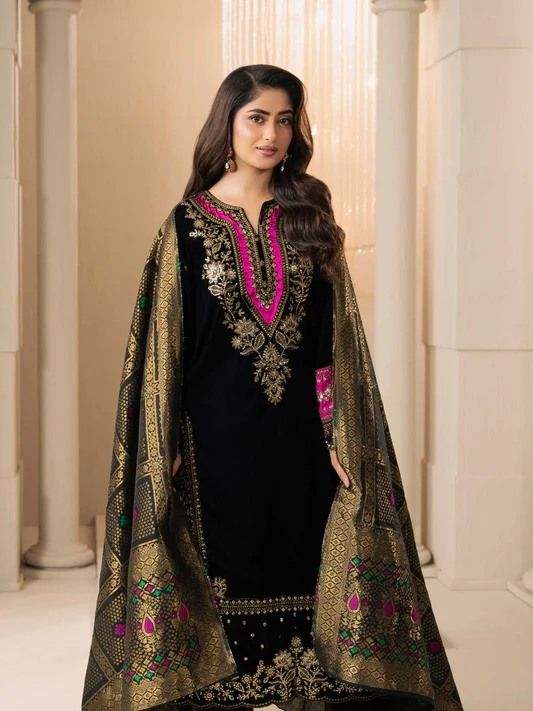 2 Piece Velvet Suit-Embroidered (Pret)